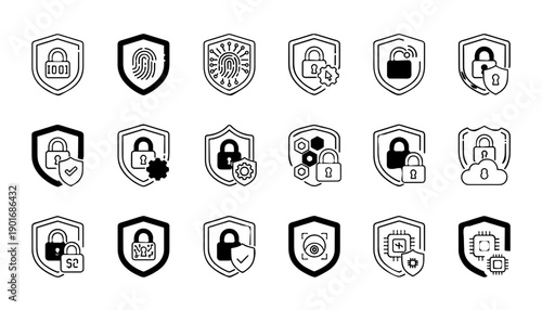Comprehensive cybersecurity line icons set featuring digital protection, data privacy, secure authentication, and network safety symbols for modern security concepts