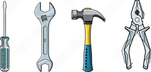 Hand tools, screwdriver, wrench, hammer, pliers, repair equipment, construction tools, DIY gear, metal tools, workshop essentials, mechanical instruments, toolset