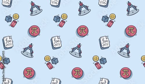 Math doodle background. Mathematics objects pattern background. Math education seamless pattern. Mathematical equation hand drawn seamless pattern with pi, drawing compass, and shapes.