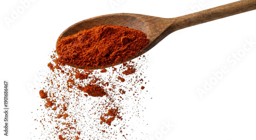 Wooden spoon releasing red paprika powder in a splash. Transparent Background, PNG Style