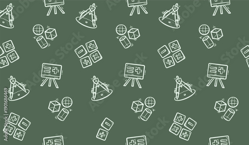 Math doodle background. Mathematics objects pattern background. Math education seamless pattern. Mathematical equation hand drawn seamless pattern with drawing compass and shapes.