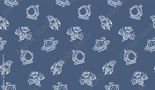 Hand drawn space doodle kids background. Astronomy seamless pattern background. Whimsical hand drawn space elements featuring rocket, planet, astronaut, and satellite doodle art.