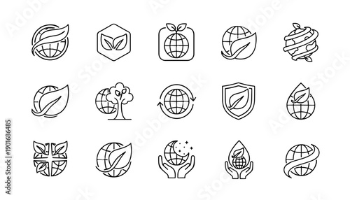 Collection of organic and eco-friendly circular economy icons representing sustainability and global preservation efforts for a greener planet and ethical consumption
