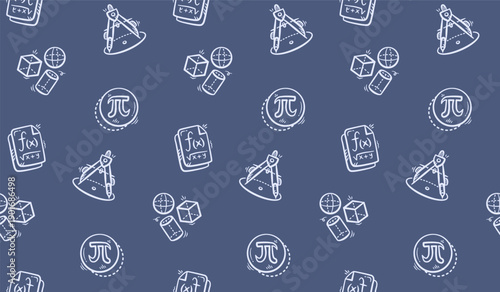 Math doodle background. Mathematics objects pattern background. Math education seamless pattern. Mathematical equation hand drawn seamless pattern with pi, drawing compass, and shapes.