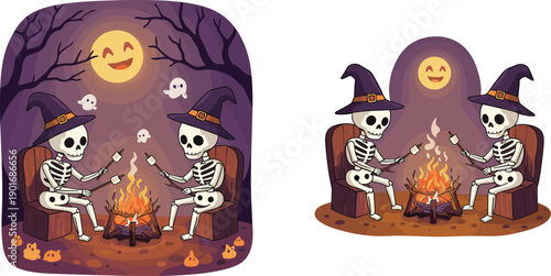 Halloween skeletons roasting marshmallows, spooky campfire night, witch hats, ghost background, cartoon illustration, festive autumn scene, moonlight, pumpkins, eerie forest