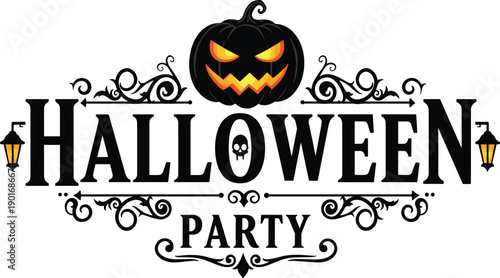 Halloween party typography design with scary pumpkin face, gothic vintage ornament, lantern decoration, spooky festive celebration vector illustration