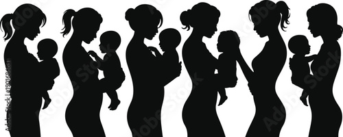 Black silhouettes of mothers holding their babies in tender embraces against a white background symbolizing maternal love family bonding and nurturing relationships