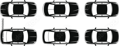 Collection of six black and white top-down silhouette of modern sedans and SU Vs showcasing diverse automotive and rooflines
