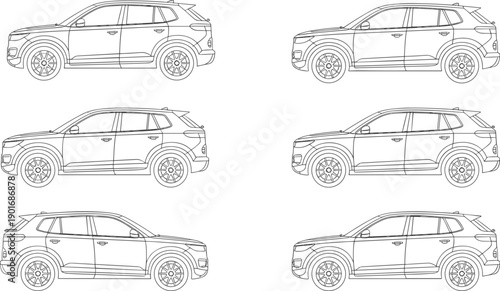 Detailed line of a modern SUV crossover vehicle presented from multiple side profile views on a white background