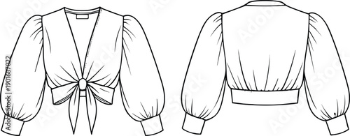 Elegant women's blouse with puff sleeves, deep V-neck, waist tie bow, fashion sketch, front and back technical illustration