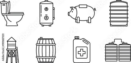 Essential household and industrial equipment icons including toilet, water heater, piggy bank, storage tanks, barrel, tower, container, sanitation design elements