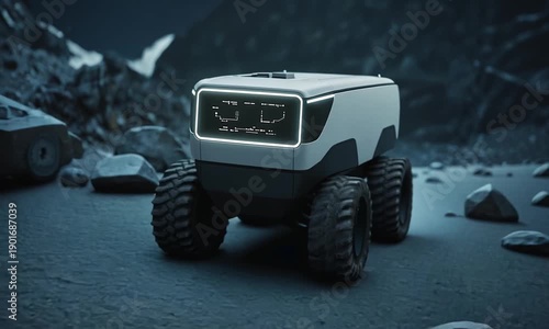 Futuristic Robot Vehicle in Rocky Terrain.