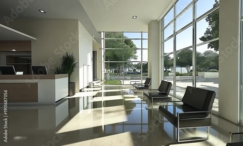 Modern Office Lobby with Reception Desk and Seating Area.