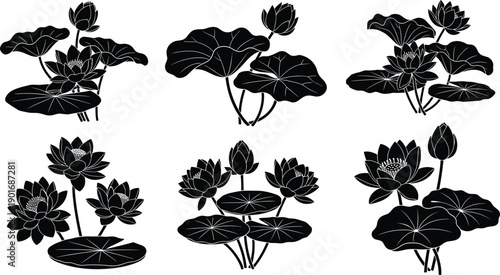 Elegant lotus flower and lily pad silhouette collection, botanical water plant vector design, nature illustration set for decorative art and graphic elements