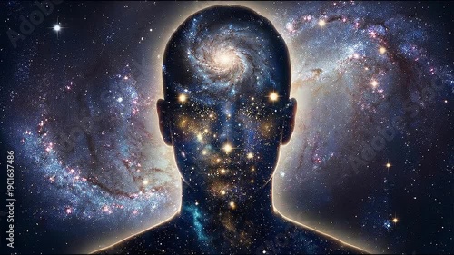 Captivating human mind exploring universe galaxy, spiritual meditation, and cosmos, expanding consciousness with luminous stars profound abstract wonder of wisdom