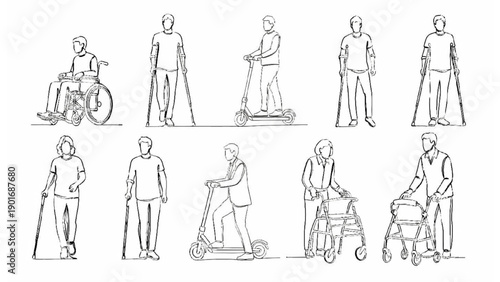 Diverse People with Mobility Aids Vector Line Art Collection for Accessibility Themes