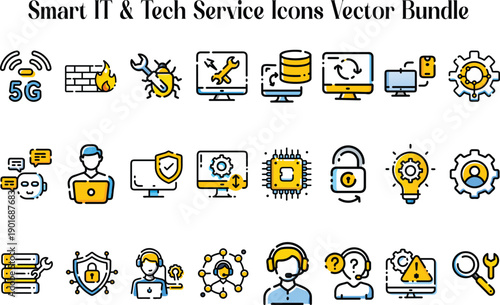 Smart IT and Tech Service Icon Vector Bundle – Technology Support, Cyber Security, Network and System Management Collection
