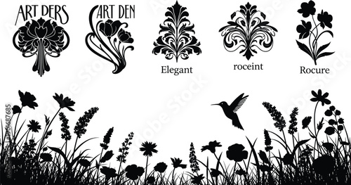 Elegant floral ornament silhouettes with decorative vintage motifs and wildflower meadow scene featuring hummingbird, nature elements, botanical vector design artwork