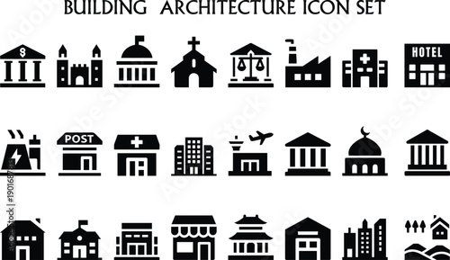 Building Architecture Icon Set – City Landmarks, Urban Construction and Real Estate Vector Collection