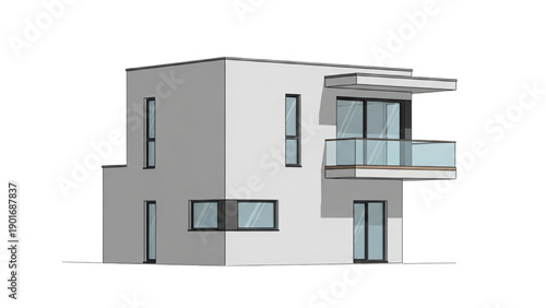 Minimalist 3D rendered house exterior with contemporary design and flat roof architecture