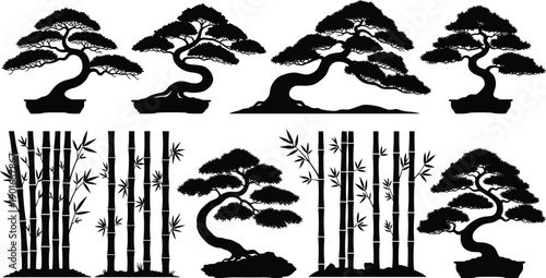Elegant collection of bonsai tree and bamboo silhouettes showcasing Japanese nature art, zen design, minimalist botanical illustration, harmony, balance, and tranquility