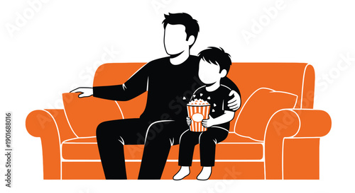 Father and son enjoying movie night together on a vibrant orange sofa