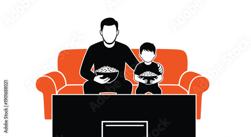 Father and son sharing popcorn while watching television together