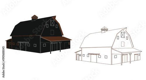Two depictions of a classic red and white barn with differing styles