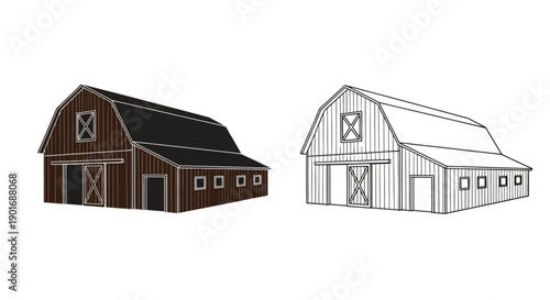 Two barn illustrations one colored one a line drawing