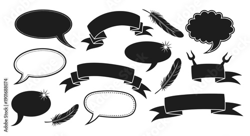 Collection of black speech bubbles ribbons and feather illustrations