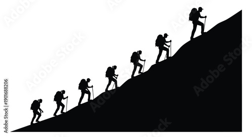 Silhouettes of hikers ascending a steep mountain slope with trekking poles