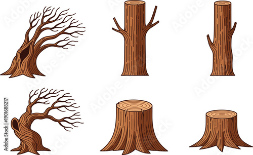 Different style tree trunks and stumps vector illustration, cut wood logs, bare branches, forest elements, nature design, isolated on white