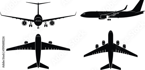 Diverse black silhouette of airplanes showcasing different models and perspectives for aviation and travel concepts