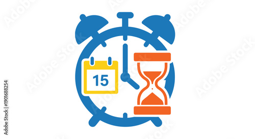 Time management concept with alarm clock calendar and hourglass illustration