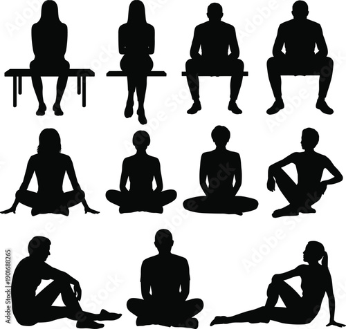 Diverse group of black silhouettes of men and women in various sitting poses on a white background representing relaxation contemplation and stillness