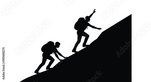 Silhouettes of two people hiking up a steep dark mountain slope