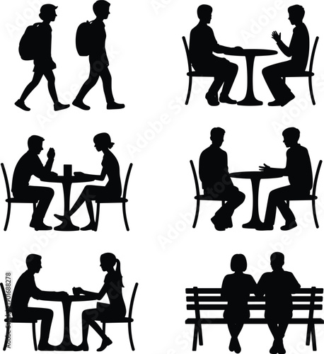 Diverse group of people in silhouette engaging in various social activities including walking and sitting at tables and benches