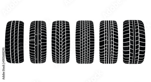 Six car tires displayed in a row showcasing different tread patterns