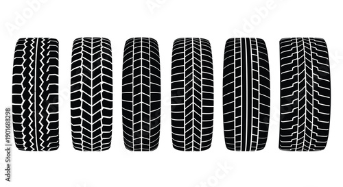 A collection of six different tire tread patterns in black and white