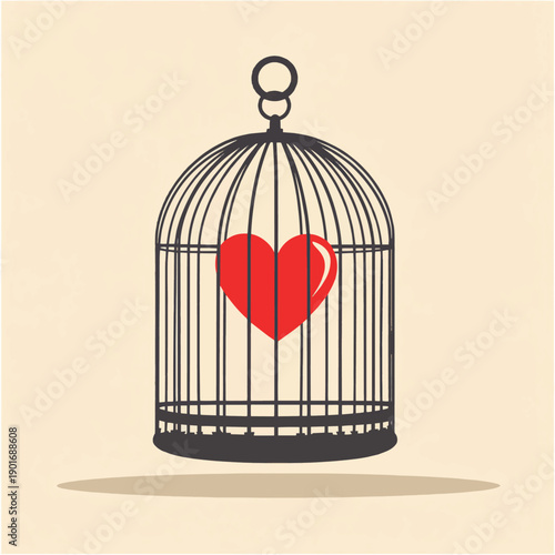 Locked bird cage with red heart icon. Trap, imprisonment, jail concept. , vector style simple color