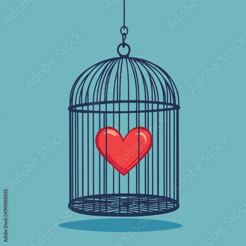 Locked bird cage with red heart icon. Trap, imprisonment, jail concept. , vector style simple color