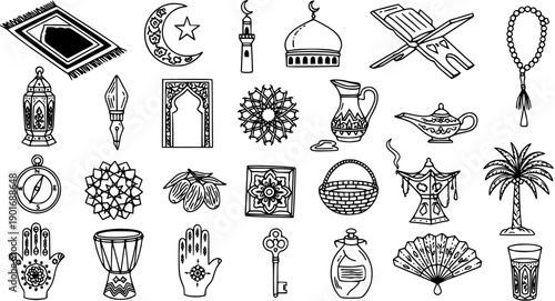 Islamic Ramadan Icons Set, Black and White Line Art Collection of Cultural Symbols and Objects