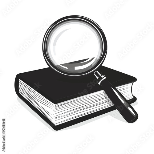 Magnifier glass and black book isolated on white
