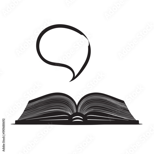 Open black book with speech bubble flying out