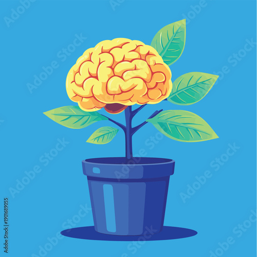 Flower brain with green leaves in blue pot