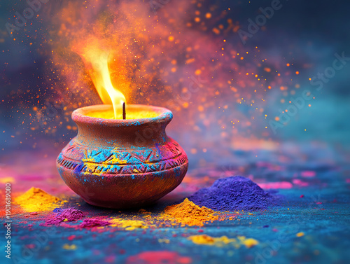 Colorful Holi Powder Explosion Framing a Traditional Clay Lamp