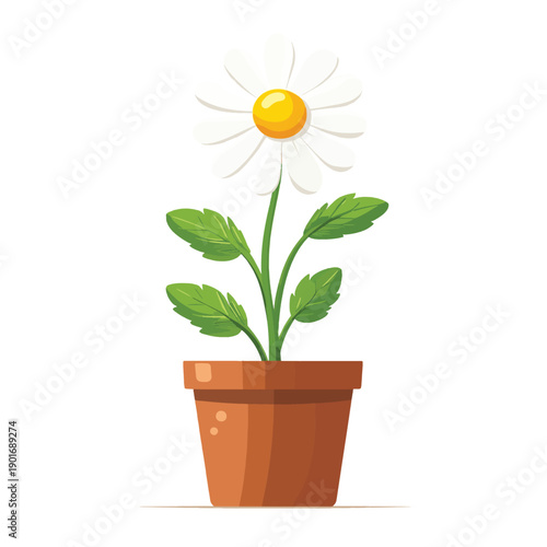 Green flat icon of camomile flower in pot with stem and leaf. Bloom with long diamond petals . Isolated on white. Vector illustration. Eco style. Nature , vector style simple color