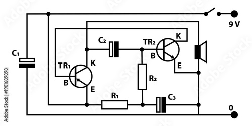 Simple Audio Amplifier Circuit Diagram With Transistors, Capacitors, Resistors and Speaker, 9V Supply