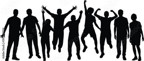 Energetic black silhouettes of a diverse group of people jumping and raising their arms in celebration against a white background conveying joy and excitement
