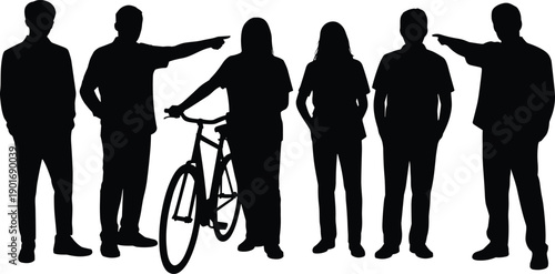 Group of diverse people in silhouette standing together with one person next to a bicycle and others pointing in different directions